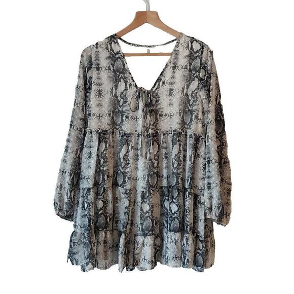 Altar'd State Animal Print Mini Dress Size Small Gray Ruffle Babydoll Bohemian - Picture 4 of 10